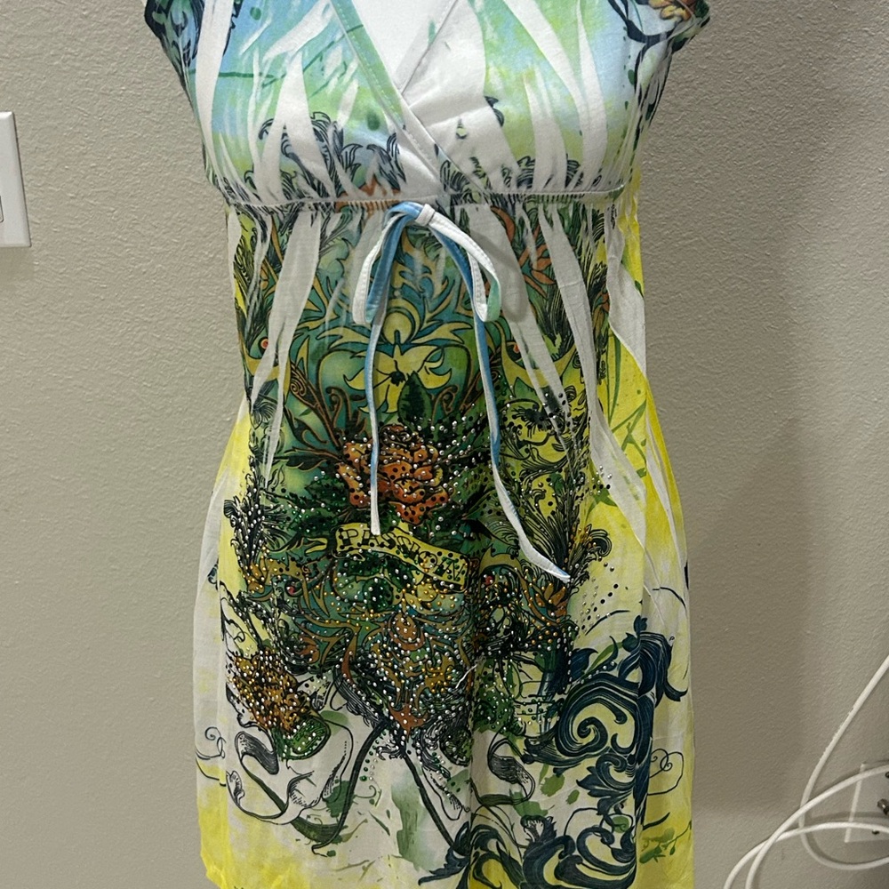 Y2K style reminiscent of Ed Hardy  Floral Green and Yellow Mini Dress